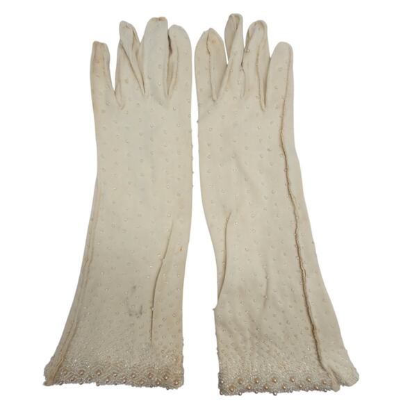 Vintage 50s Cream Beaded Coat-Length Gloves Glam Formal Coquette Vintage Luxe - Picture 1 of 10